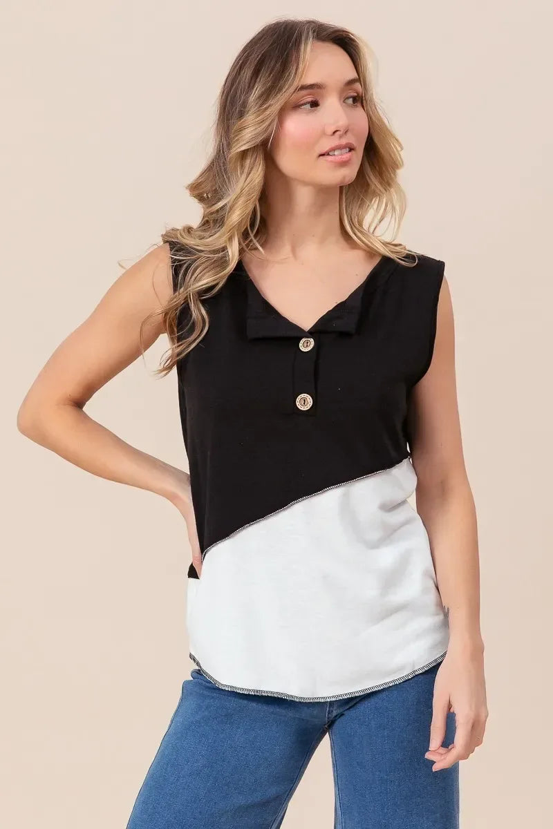 Color Block Contrast Stitching Buttoned Henley Top - Billien
