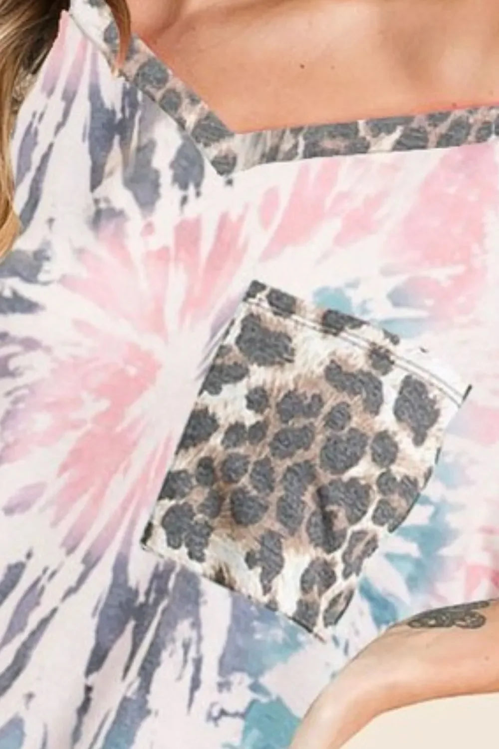 Tie Dye Print V Neck Top with Front Patch Pocket - Billien