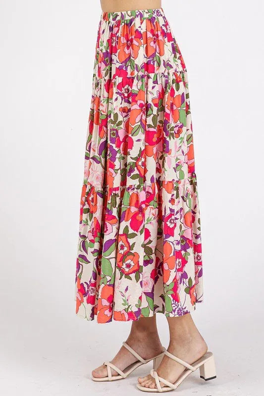 Flower Print Elastic Waist Tiered Skirt - Billien
