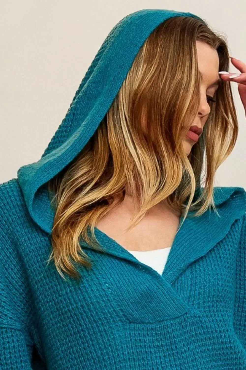 Raw Edge Detail V-Neck Sweater Hoodie - Billien