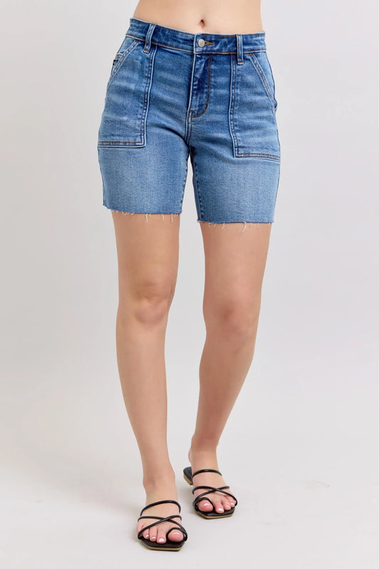 Mid Rise Bermudas Denim Shorts W/ Back Flap Pockets Plus Size - Billien