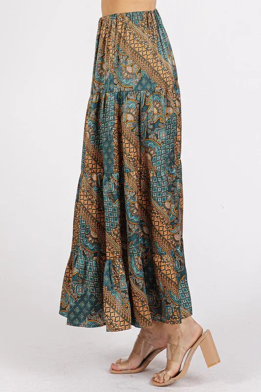 Paisley Patchwork Print Satin Maxi Skirt - Billien