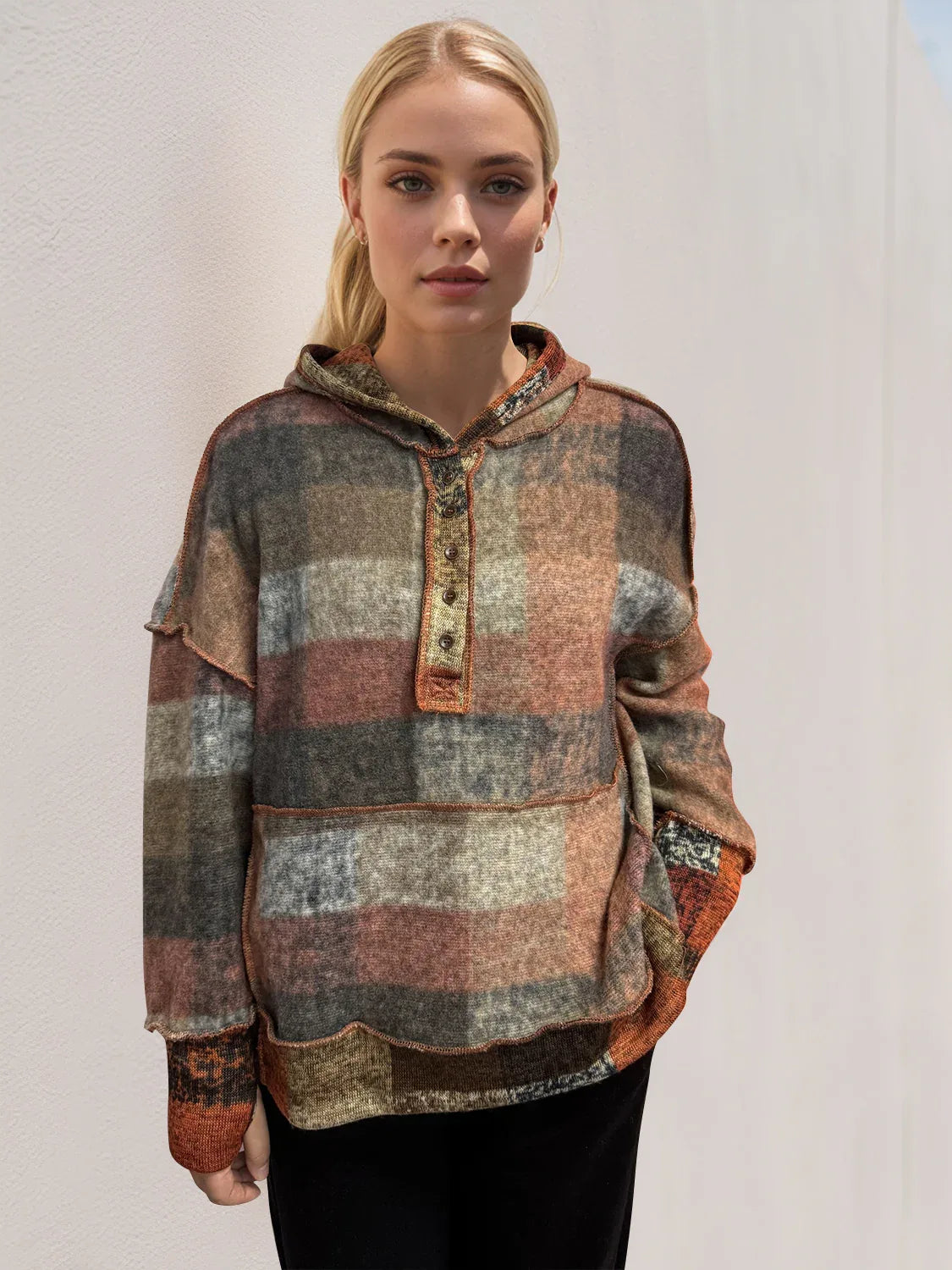 Plaid Dropped Shoulder Hoodie - Billien