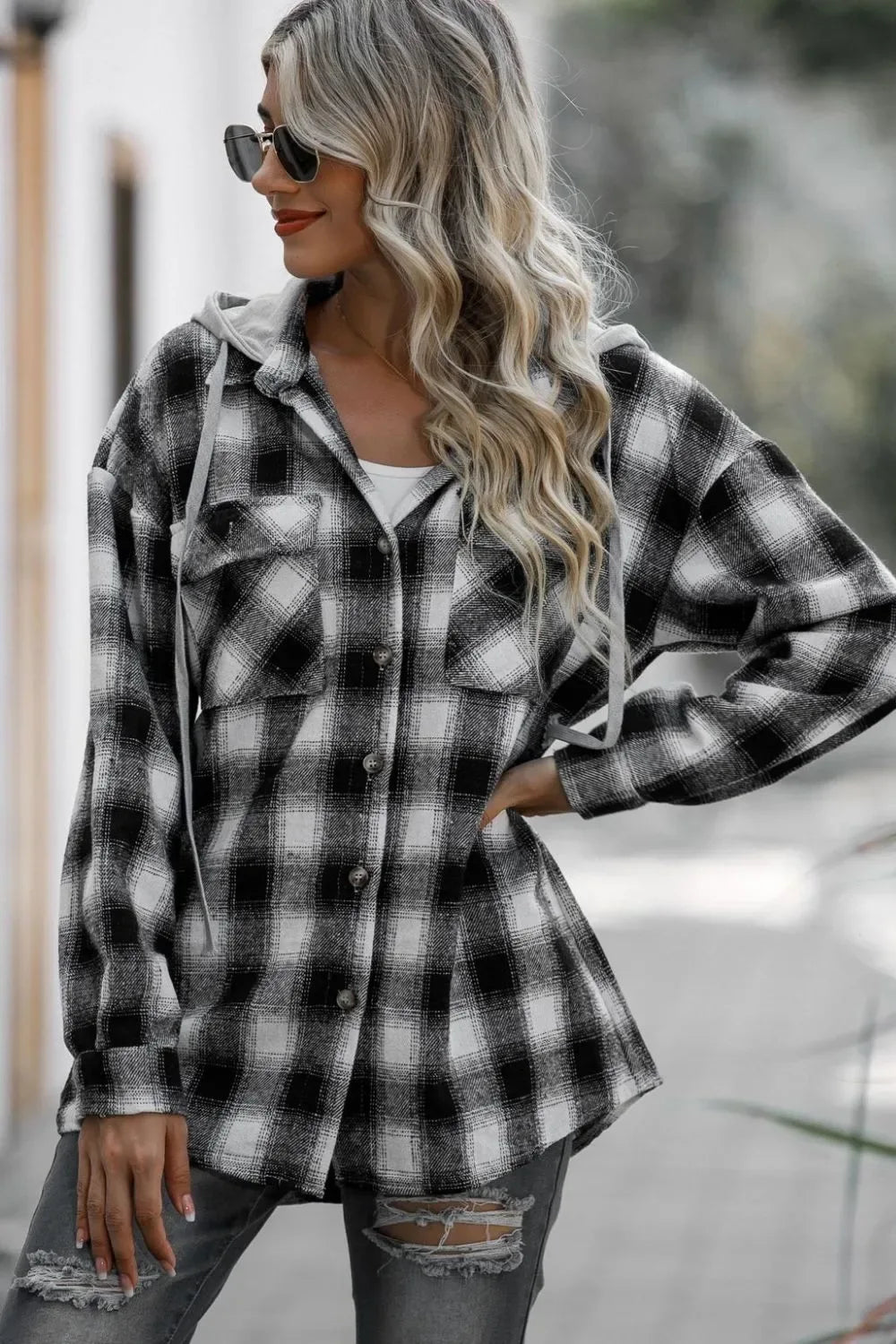 Drawstring Plaid Long Sleeve Hooded Shacket - Billien