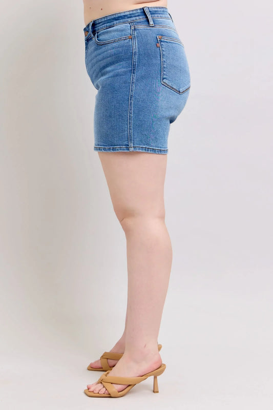 2 Button Judy Blue Denim Shorts with Pockets Plus Size - Billien