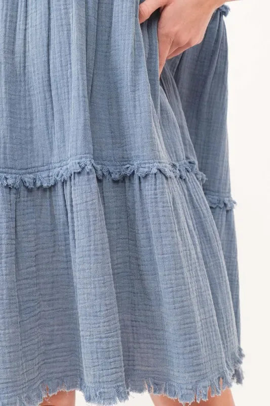 Washed Frayed Detail Tiered Dress - Billien