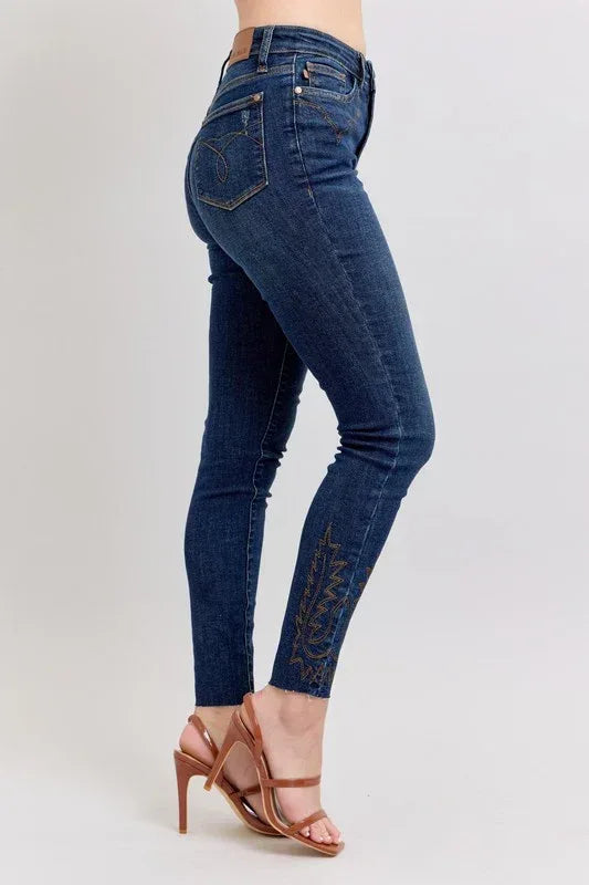 Embroidered High Rise Skinny Judy Blue Jeans Plus Size - Billien