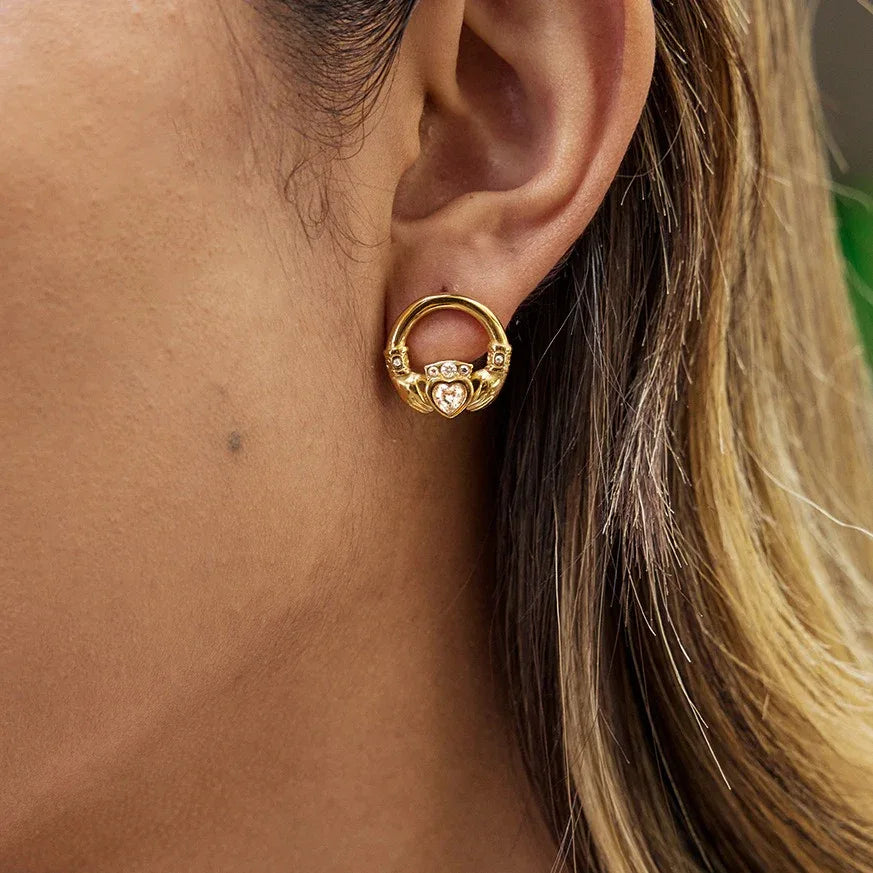 18K gold-plated friendship hand design titanium steel stud earrings with cubic zirconia. - Billien