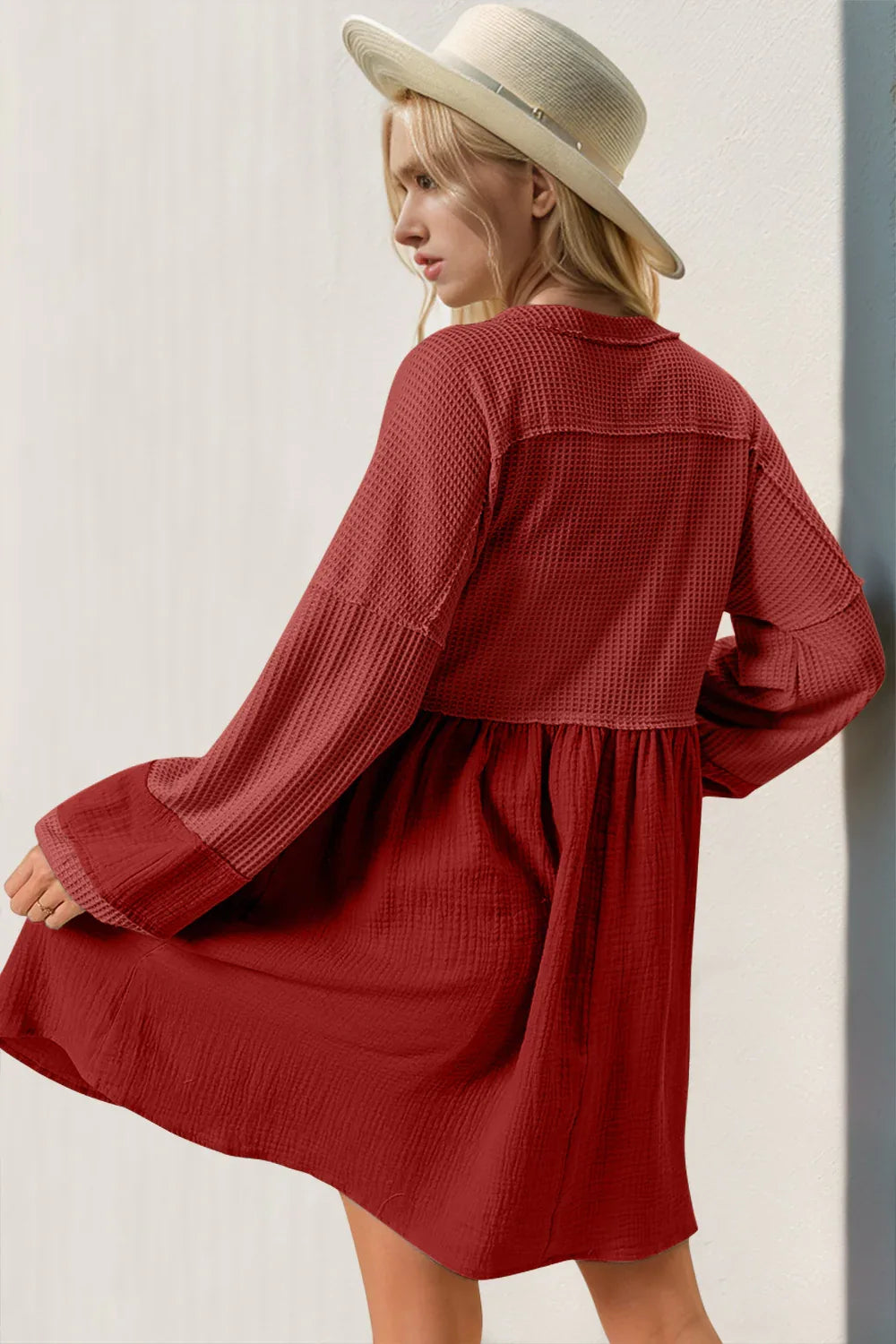 Waffle-Knit Contrast Half Button V-Neck Long Sleeve Mini Dress - Billien