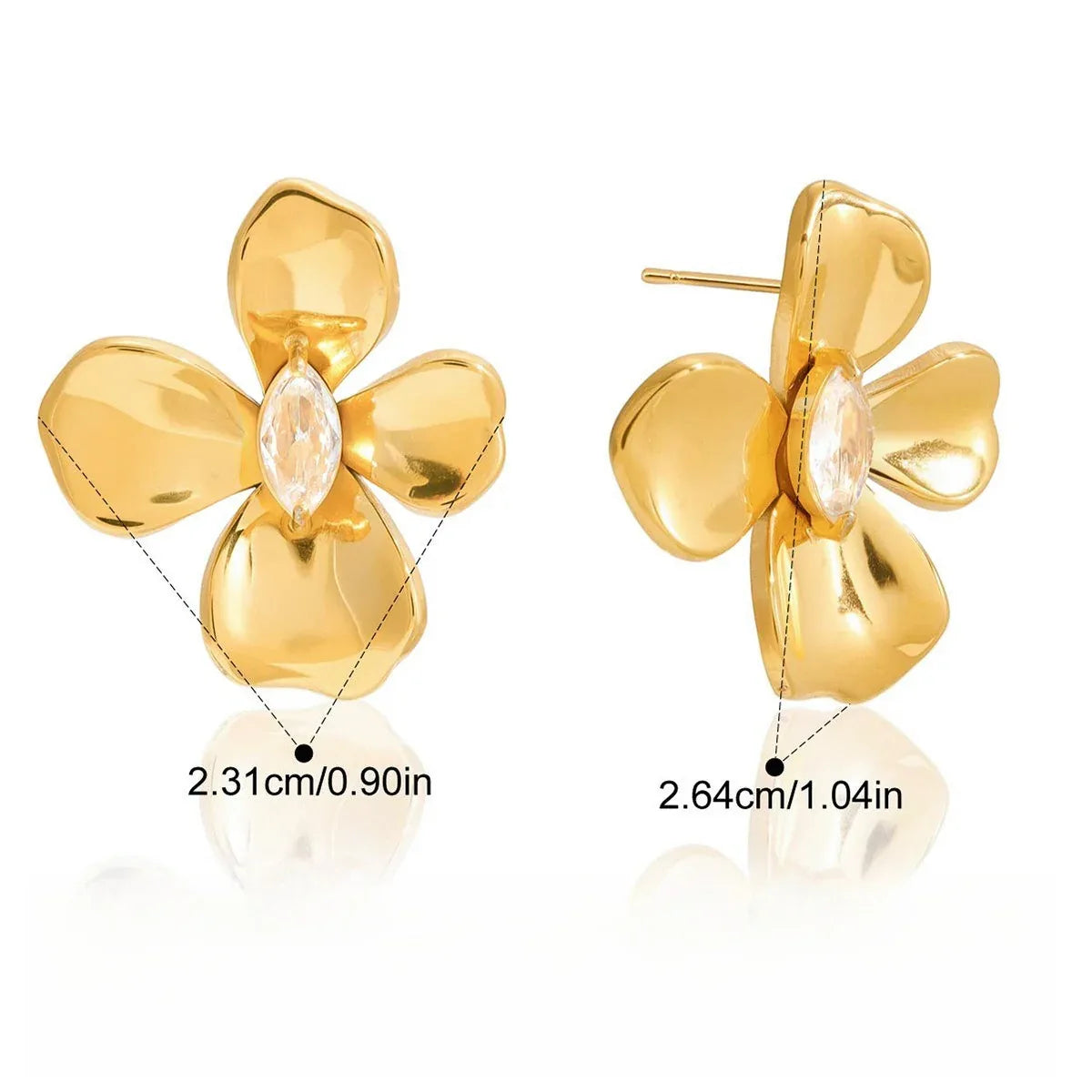 18K gold-plated, luxurious and high-end titanium steel flower-shaped stud earrings with cubic zirconia. - Billien