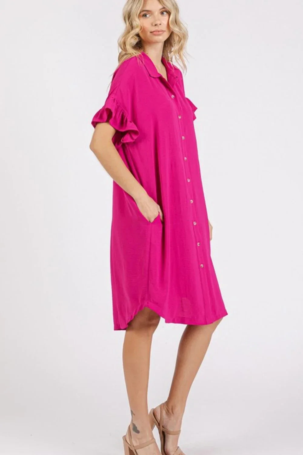 Button Down Flounce Sleeve Dress with Pockets - Billien