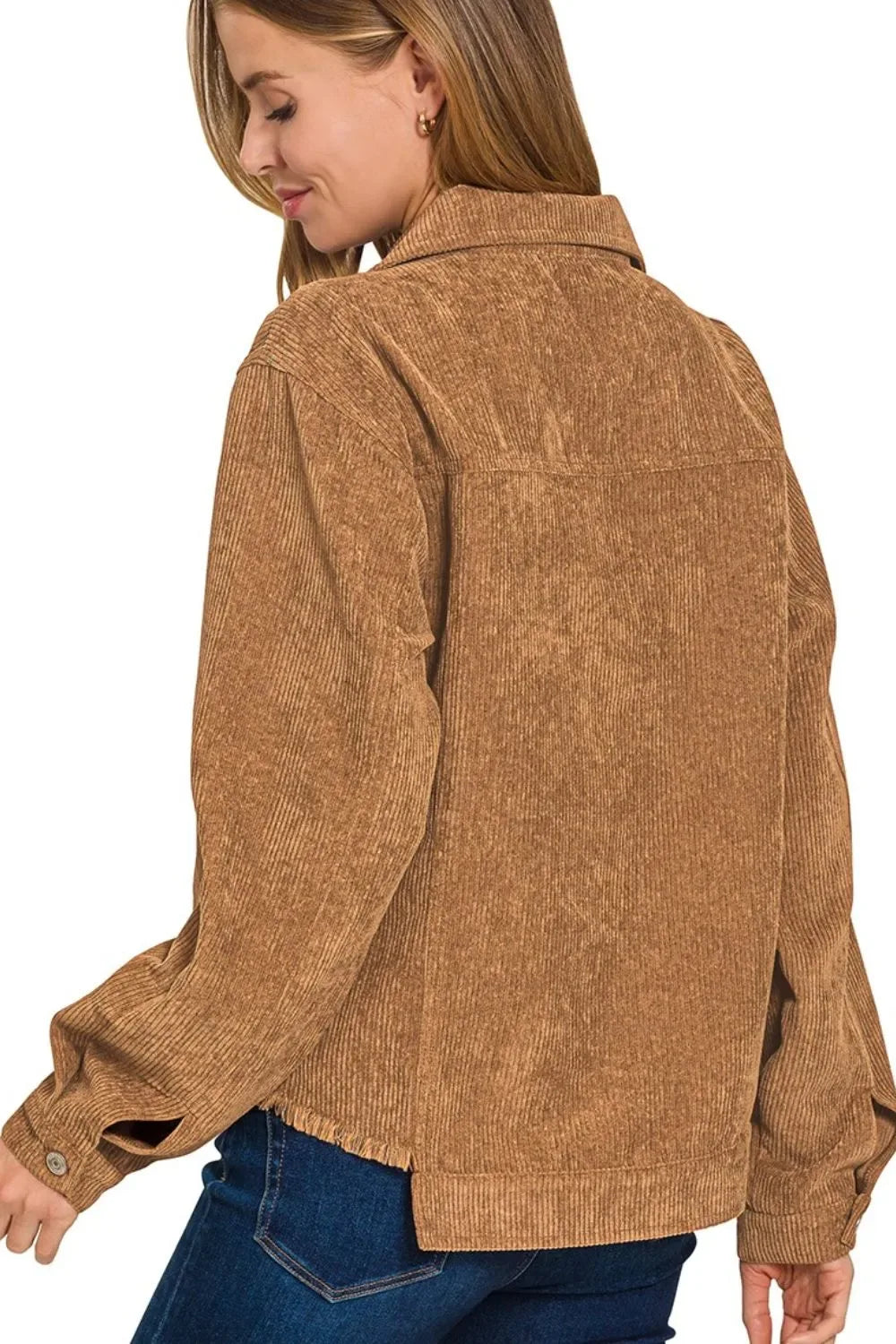 Distressed Corduroy Frayed Hem Cropped Jacket - Billien