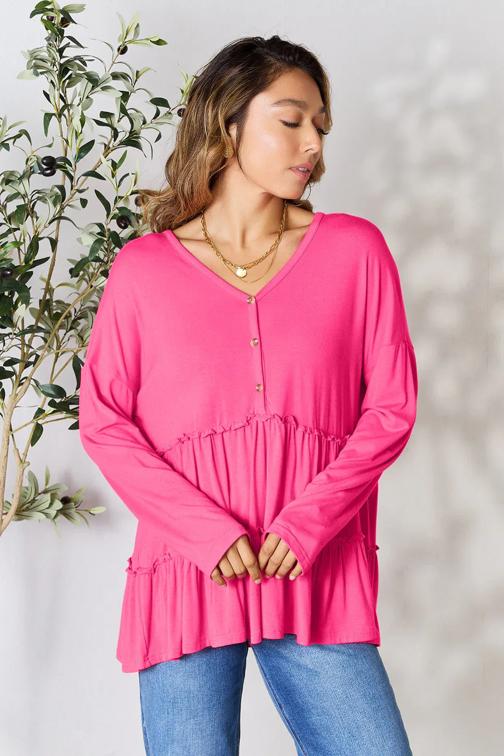 Half Button Long Sleeve Ruffle Hem Blouse - Billien