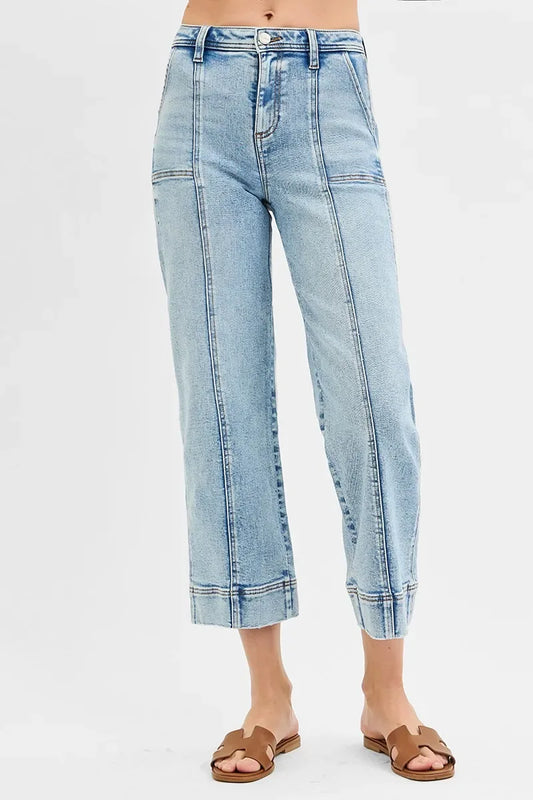 High Rise Crop Wide Front Seam Detailed Jeans Plus Size - Billien