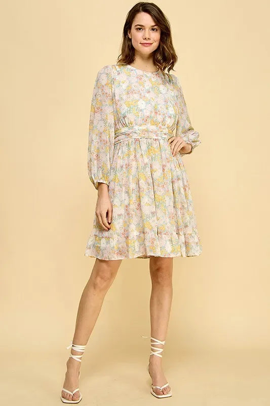 Chiffon Floral Print Belted Dress with Back Zipper - Billien