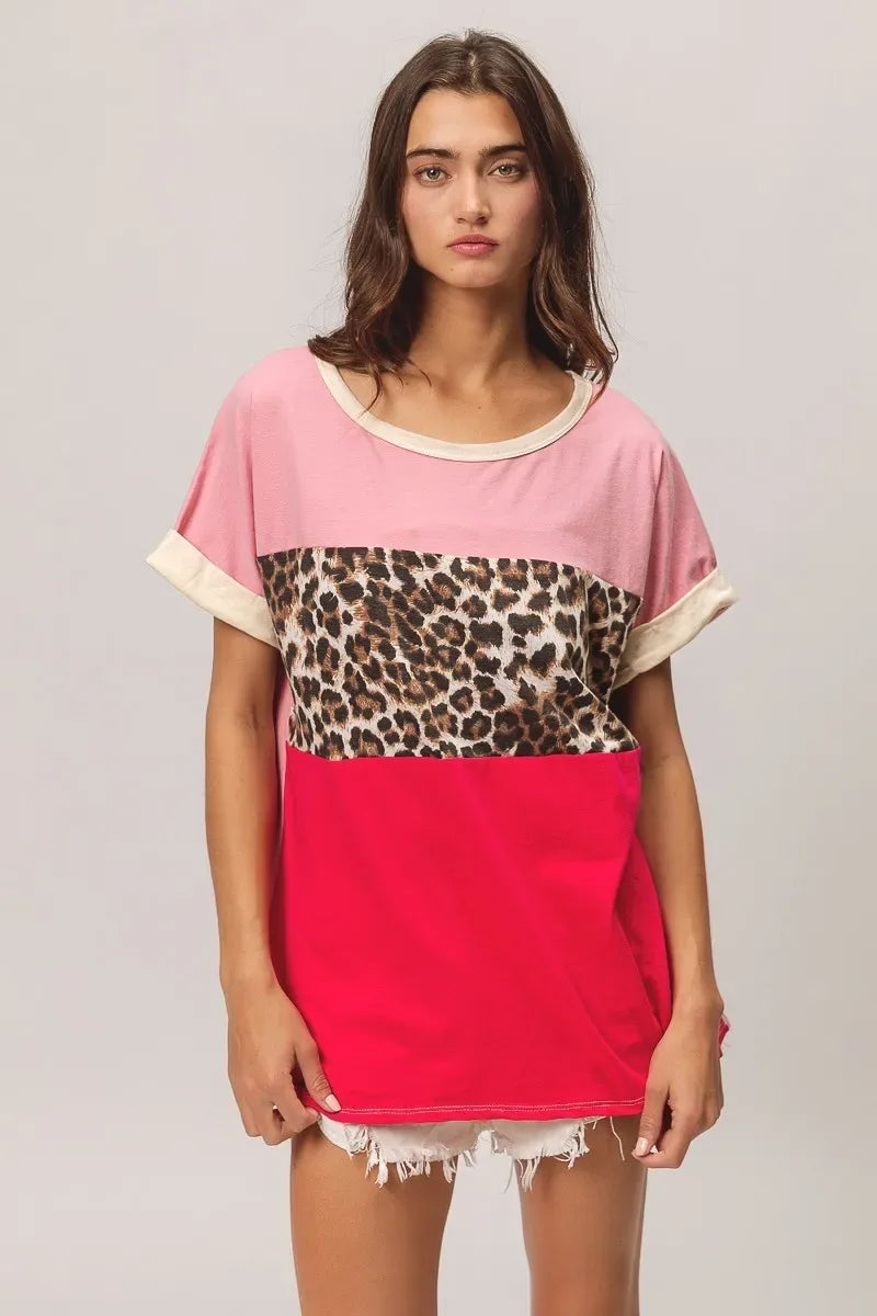 Leopard Printed Jersey Color Block Roll Up - Billien