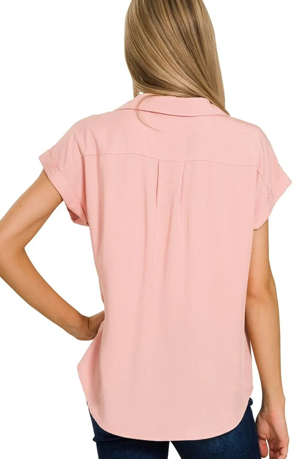 Tencel V-neck Collared Top W Front Flap Pockets - Billien