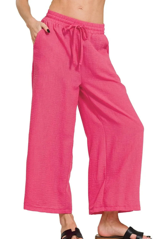 Woven Crepe Elastic Band Waist Cropped Pants - Billien