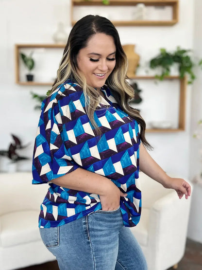 Full Size Geometric Notched Half Sleeve Blouse - Billien