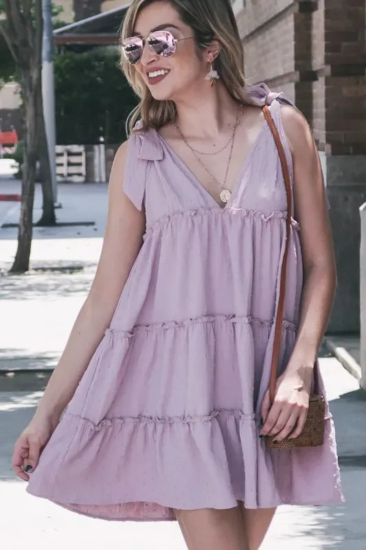 Polka Dot Textured Layered Flounce Ruffle Dress - Billien