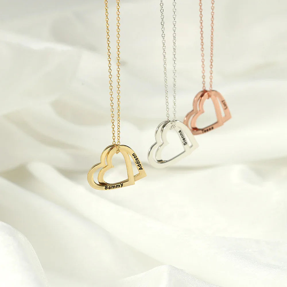 Exquisite and Noble Double Heart Interlocking Customizable Name Design Versatile Necklace - Billien