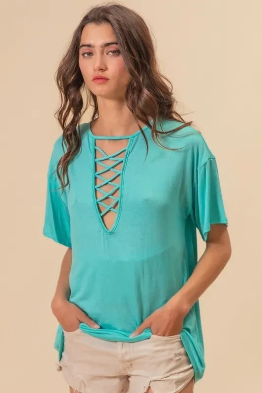 Jersey Knit Top with Criss Cross Front Neck Detail - Billien