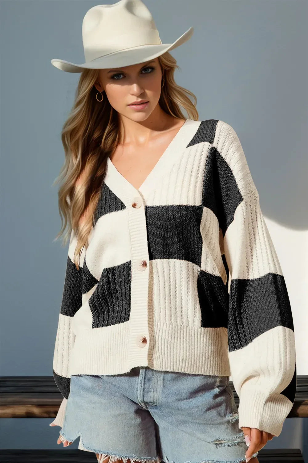 Checkered Dropped Shoulder Cardigan - Billien