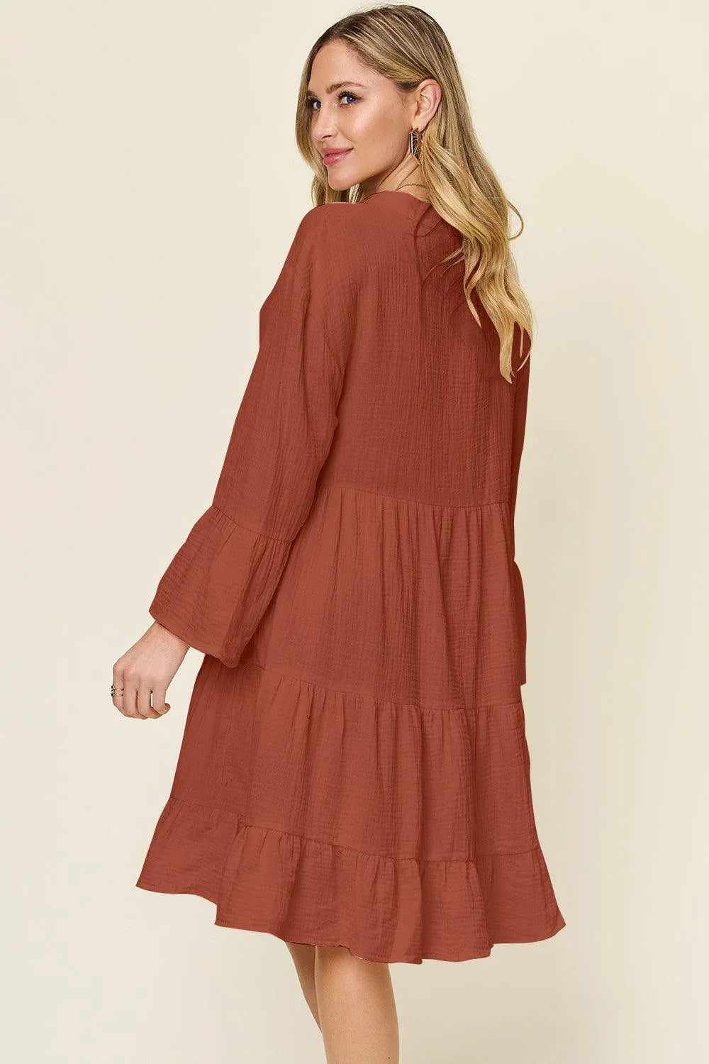Texture Button Up Ruffle Hem Dress - Billien