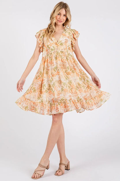Floral Chiffon Ruffle Short Sleeve Mini Dress - Billien
