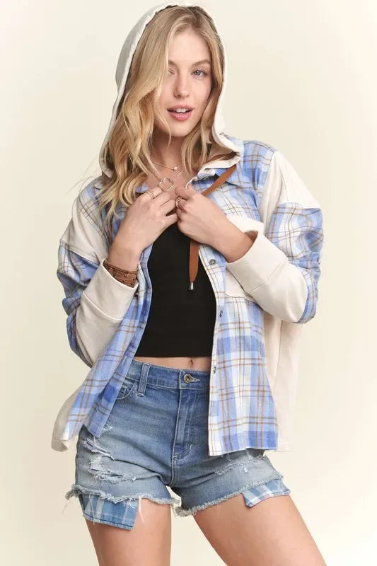 Button Down Plaid Hoodie Shacket - Billien