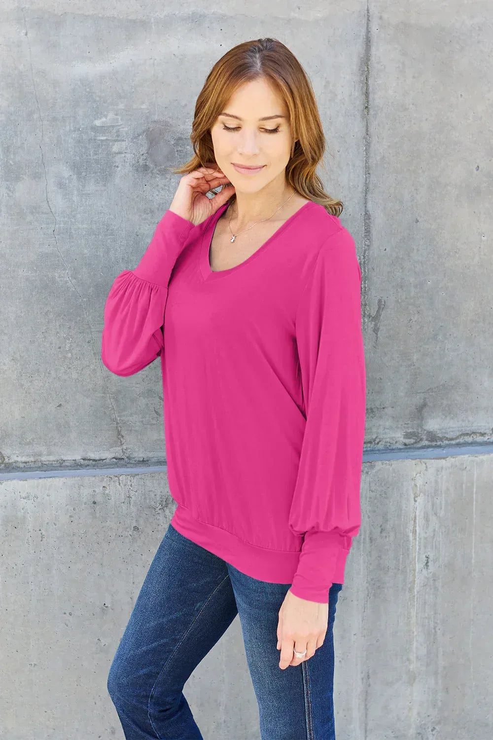 Full Size V-Neck Lantern Sleeve Top - Billien