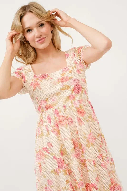 Square Neck Tiered Floral Fishnet Dress - Billien