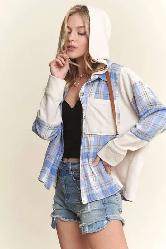 Button Down Plaid Hoodie Shacket - Billien