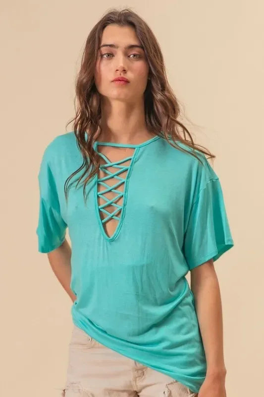 Jersey Knit Top with Criss Cross Front Neck Detail - Billien