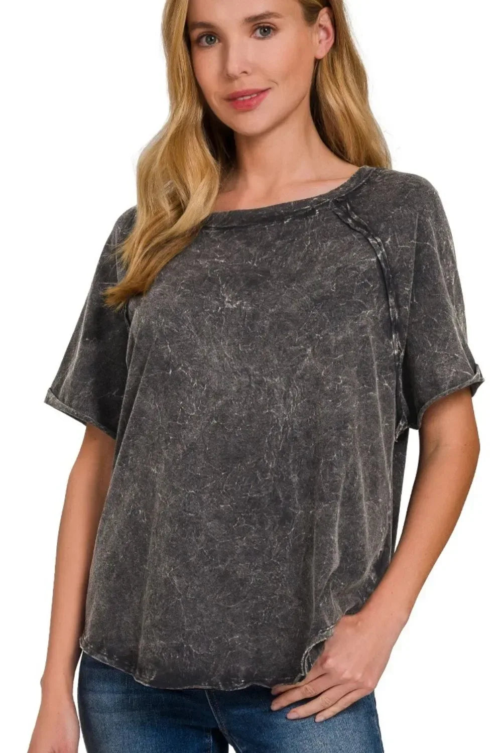 Back Patch Crinkle Washed Raglan Sleeve T-Shirts - Billien