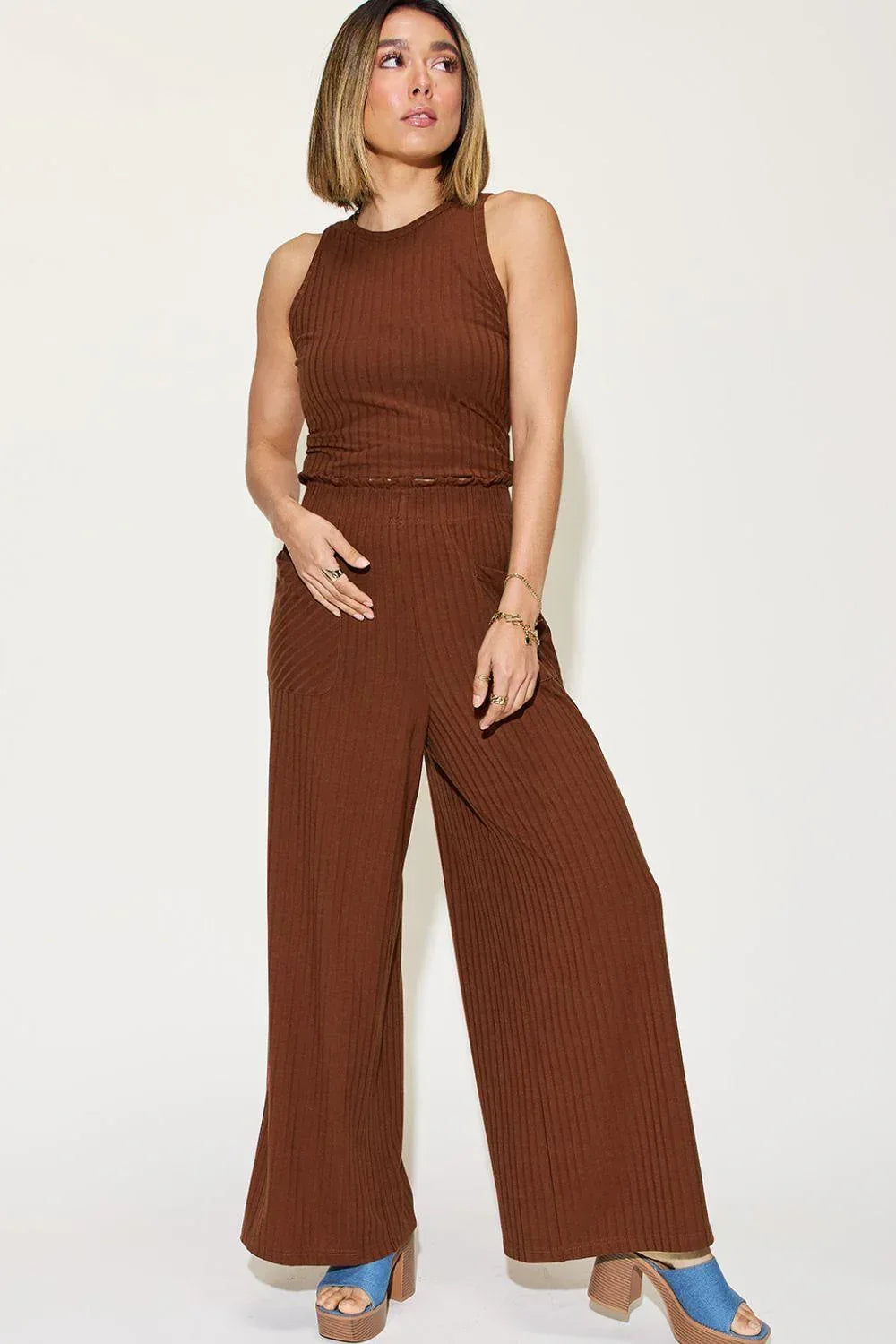 Basic Bae Full Size Ribbed Tank and Wide Leg Pants Set - Billien