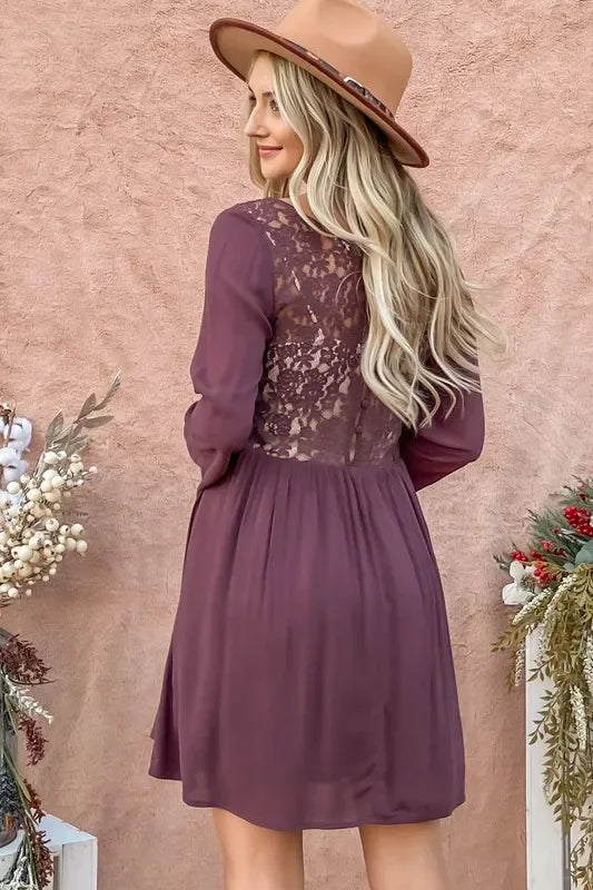 Back Lace Button Down Detail Bell Sleeve Dress - Billien