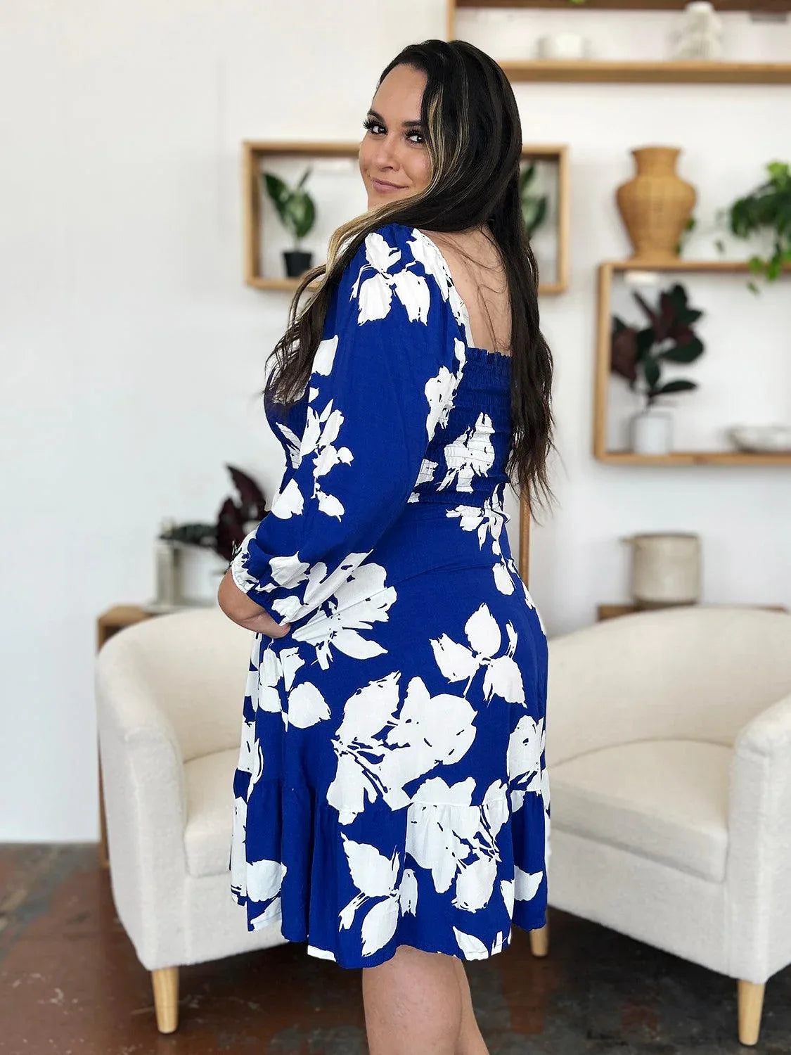 Floral Ruffle Hem Smocked Dress with Pockets - Billien