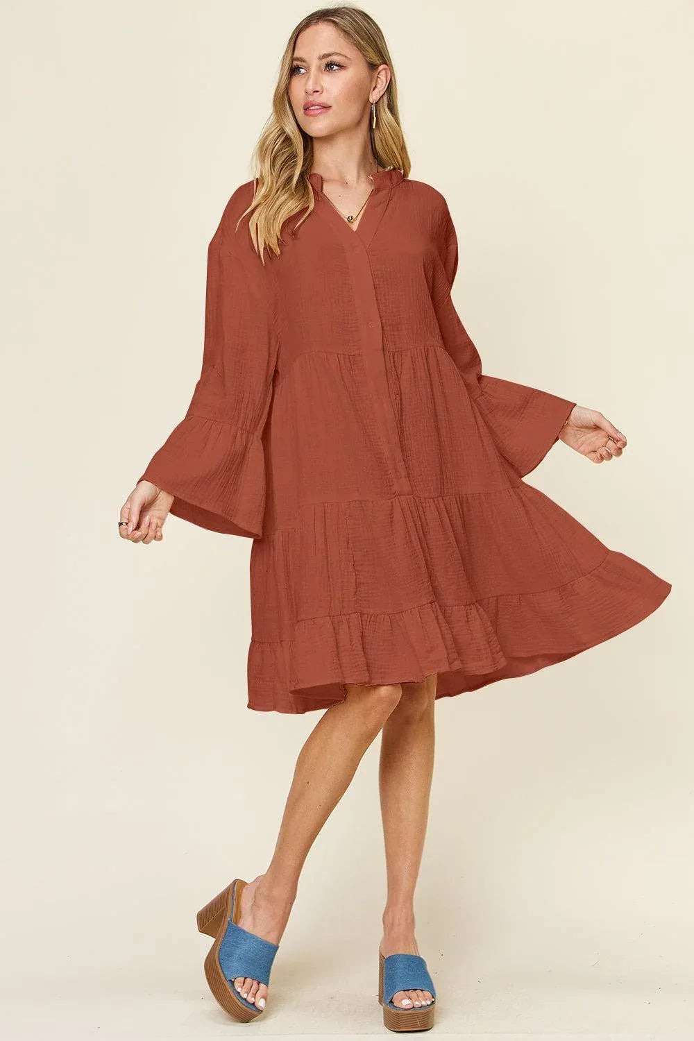 Texture Button Up Ruffle Hem Dress - Billien