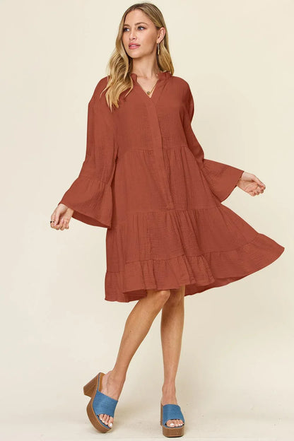Texture Button Up Ruffle Hem Dress - Billien