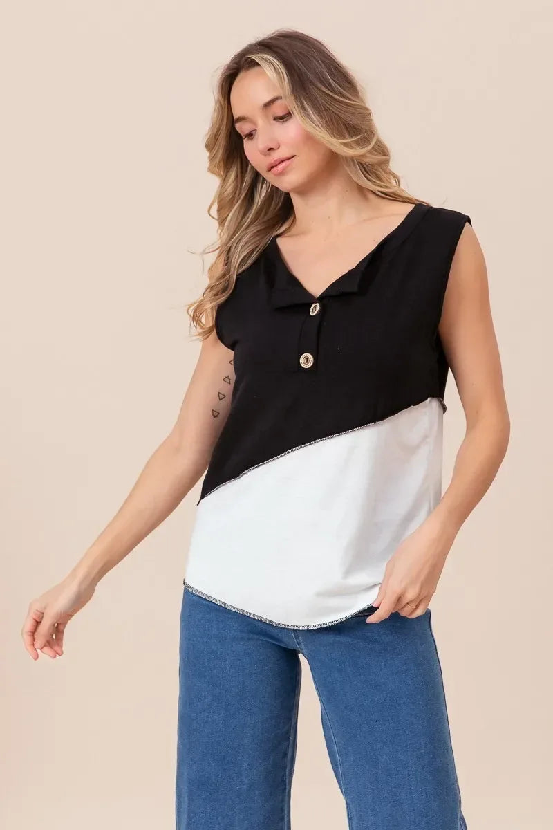Color Block Contrast Stitching Buttoned Henley Top - Billien