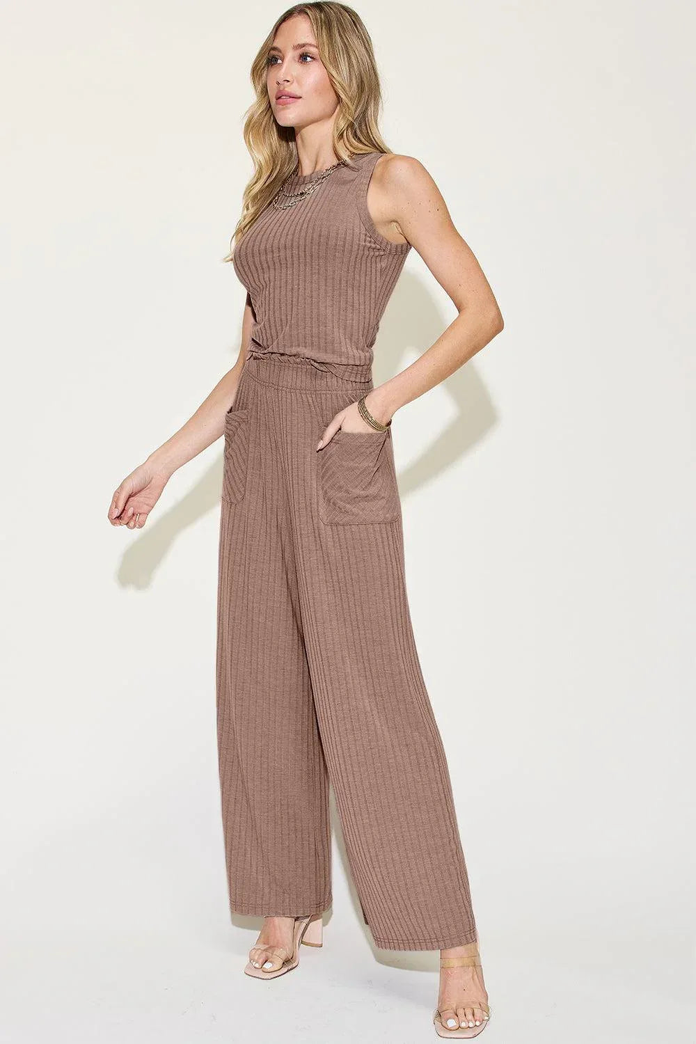 Basic Bae Full Size Ribbed Tank and Wide Leg Pants Set - Billien
