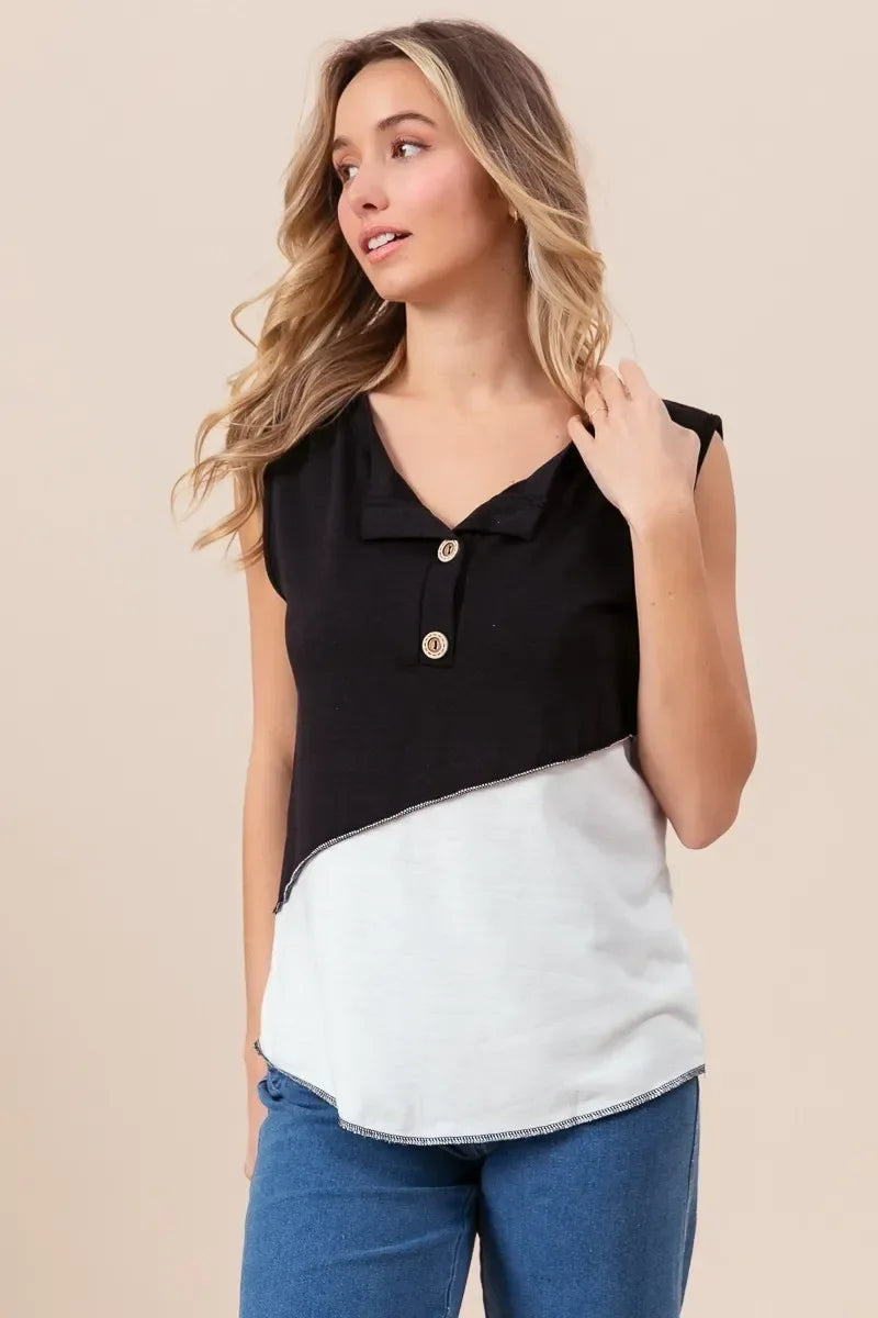 Color Block Contrast Stitching Buttoned Henley Top - Billien