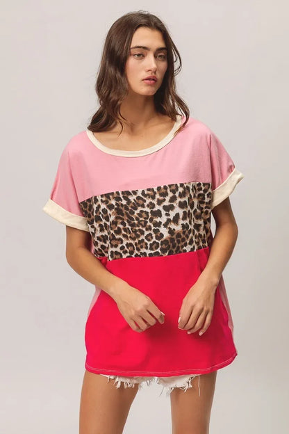 Leopard Printed Jersey Color Block Roll Up - Billien