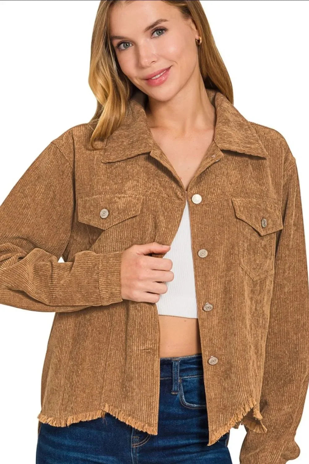 Distressed Corduroy Frayed Hem Cropped Jacket - Billien