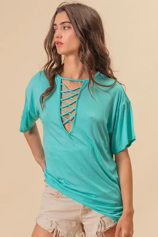 Jersey Knit Top with Criss Cross Front Neck Detail - Billien