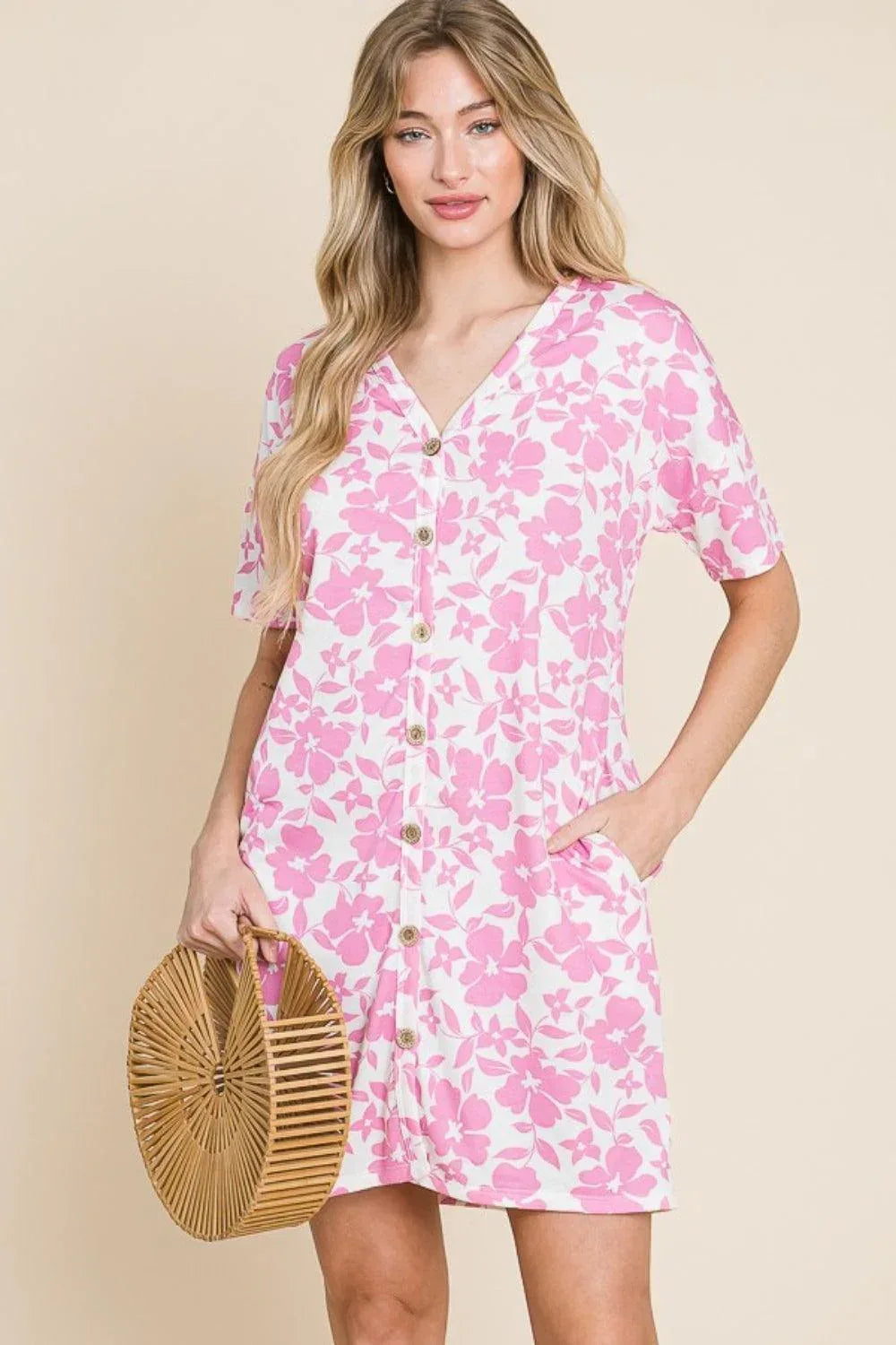 Floral V Neck Button Down Dress With Pocketed - Billien