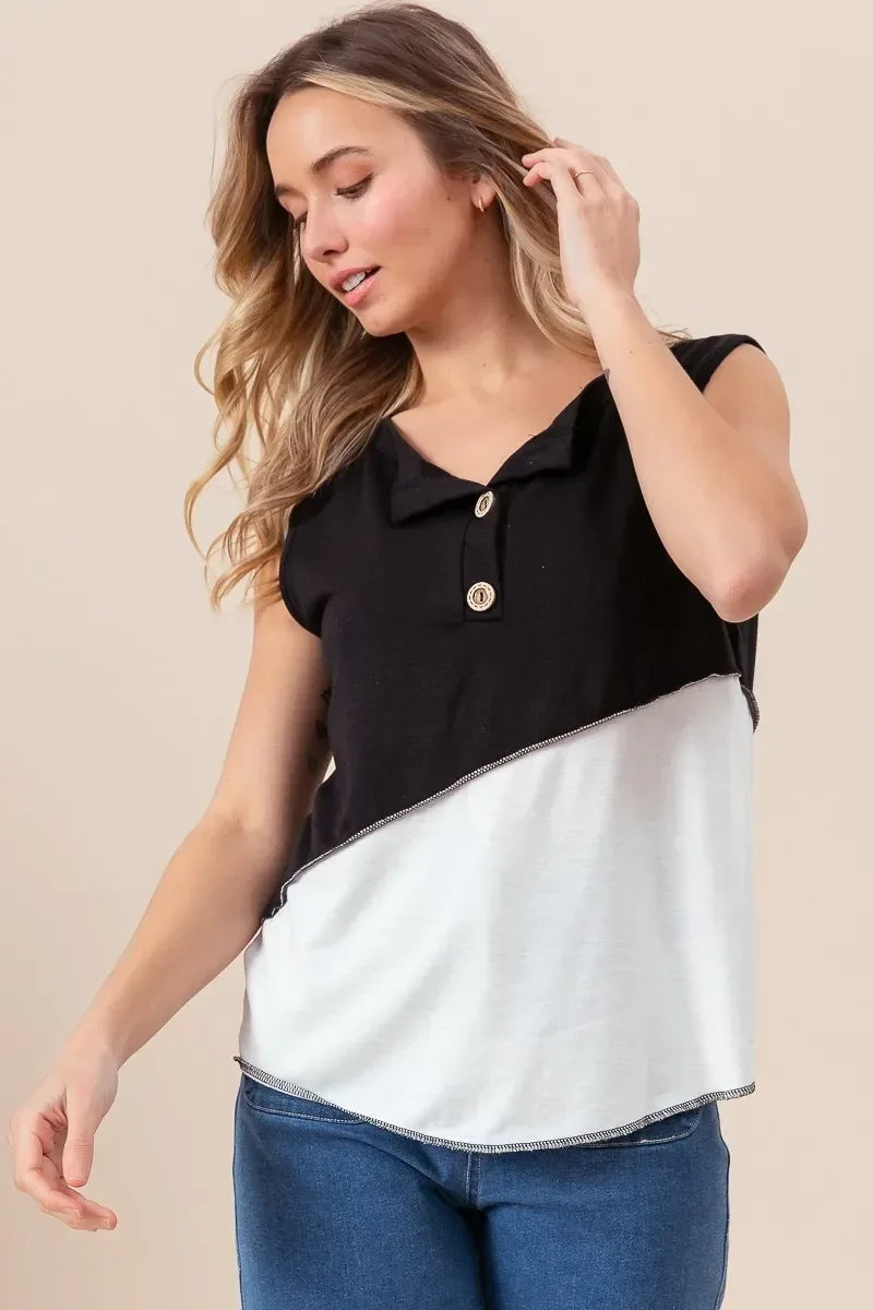 Color Block Contrast Stitching Buttoned Henley Top - Billien