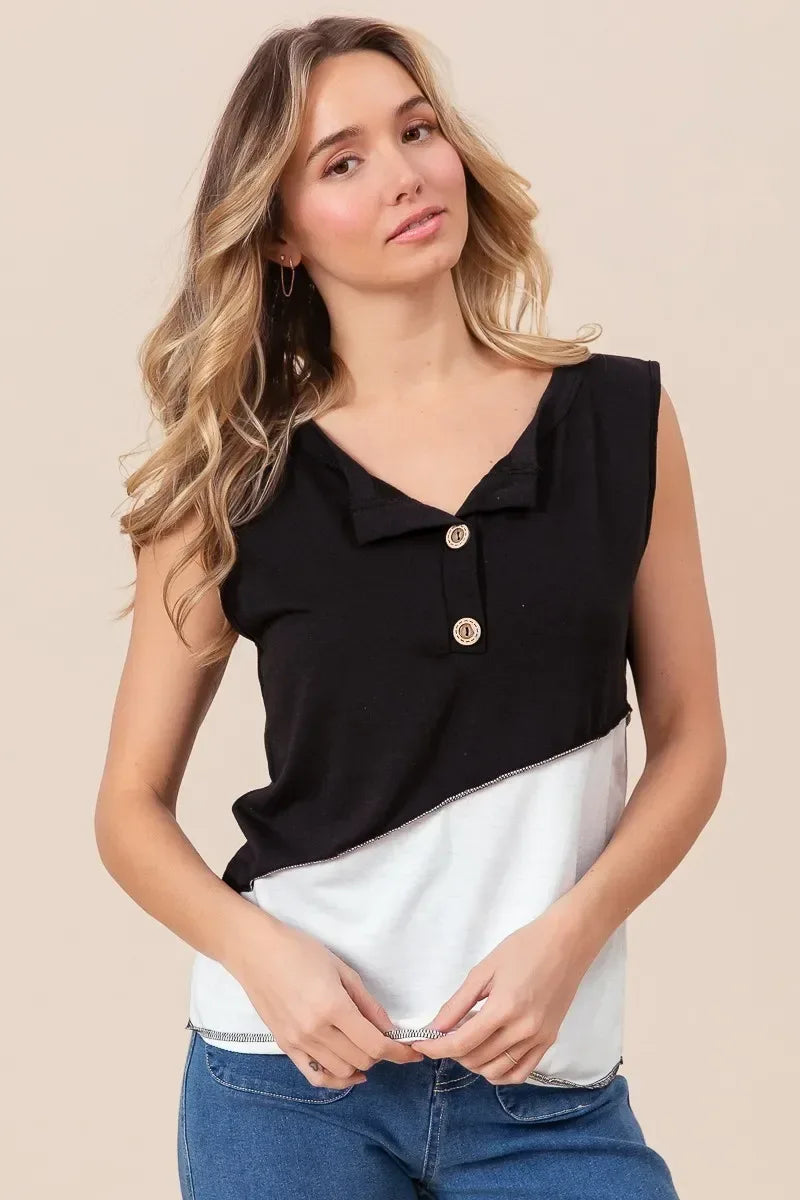 Color Block Contrast Stitching Buttoned Henley Top - Billien