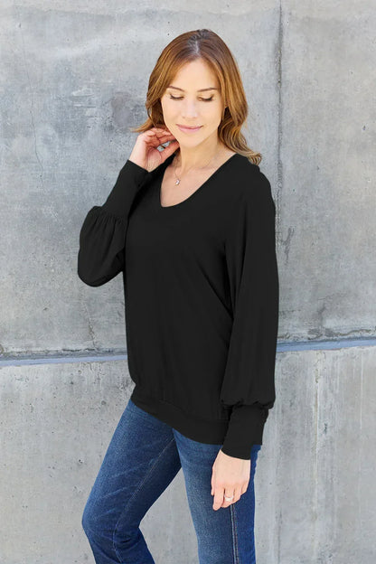 Full Size V-Neck Lantern Sleeve Top - Billien